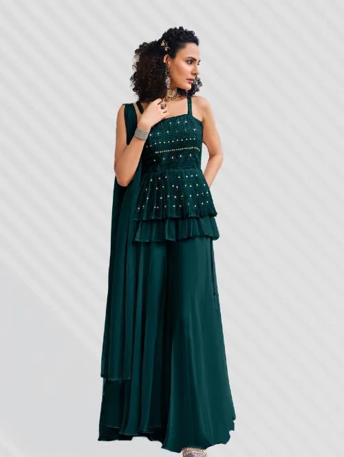 SANCIA Women Georgette Kurta Palazzo Set For Women & Girls | Ethnic Wear For Women | Indian Dress For Women | Kurta Set With Dupatta | Floral Embroidered Kurta (Teal) (S)