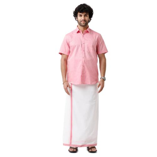 UATHAYAM Varna Pink Cotton Slim Fit Solid Half Sleeve Shirt and Dhoti Set Combo