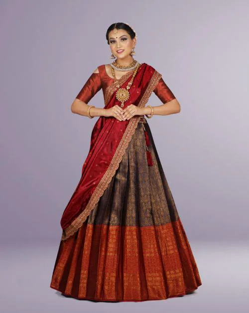 HALFSAREE STUDIO Red Kanjivaram Silk Latest Pattu Lehenga Design