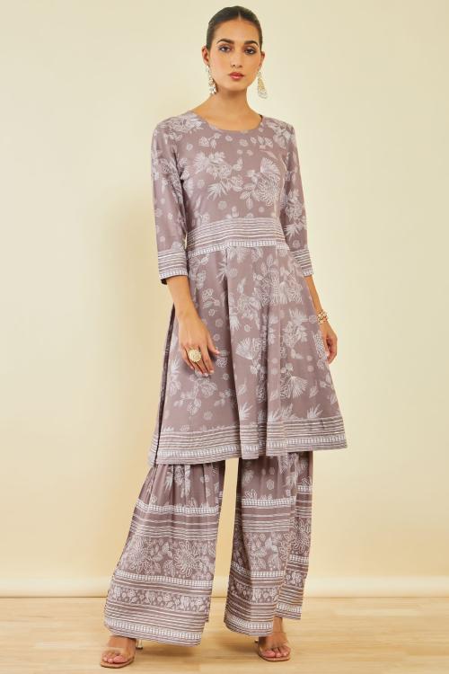 Buy Earth Rayon Kurta Set With Floral Print And Gota Patti Online at ...