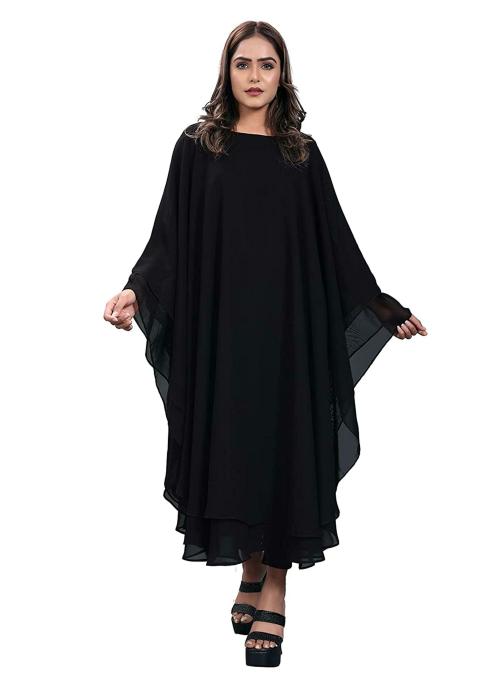 KHADIJA FASHION Women Black Chiffon Abaya with Hijab (L)