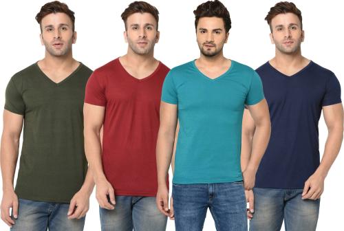 Bribzy Men Olive, Maroon, Turquoise, Navy Solid Cotton Blend pack of 4 T-Shirts (Extra Large)