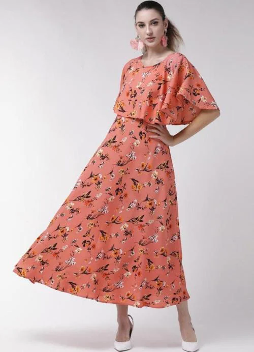 Vaani Creation Women Orange Floral Print Crepe A-line Gown Dress - S