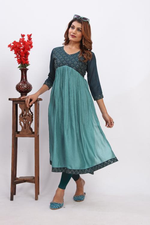 GOLAVIYA Blue Alia Solid Vichitra Silk Embroidery Sequence Work Alia-Cut Anarkali 3/4 Sleeve with Lace Border Gown Kurta Latest Design Collection for Women & Girls Occasion in Party, Formal, Casual, Daily, Function wear