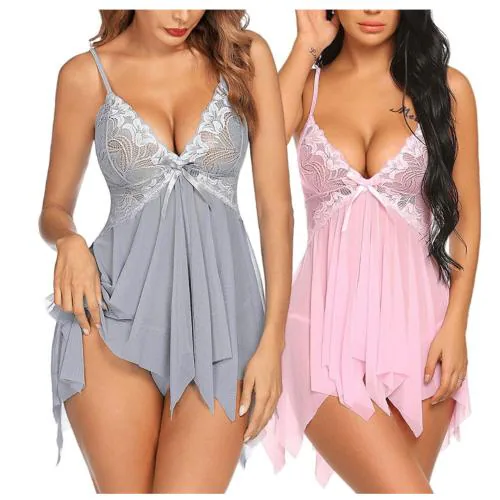 Arnoni Aliya Sexy and Comfortable Lace Babydoll Lingerie for Women, Baby doll Honeymoon Lingerie for Women, Women Lingerie Satin Lace Chemise Nightgown, Babydoll Dress for Spacail Night (grey,pink)