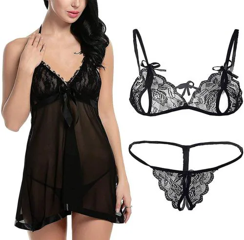 Iyaracollection Women Black Self Design Net, Lace Bra And Panty Set (38)
