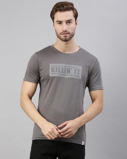 JOVEN Men Grey Printed Pure Cotton Round Neck T-Shirt