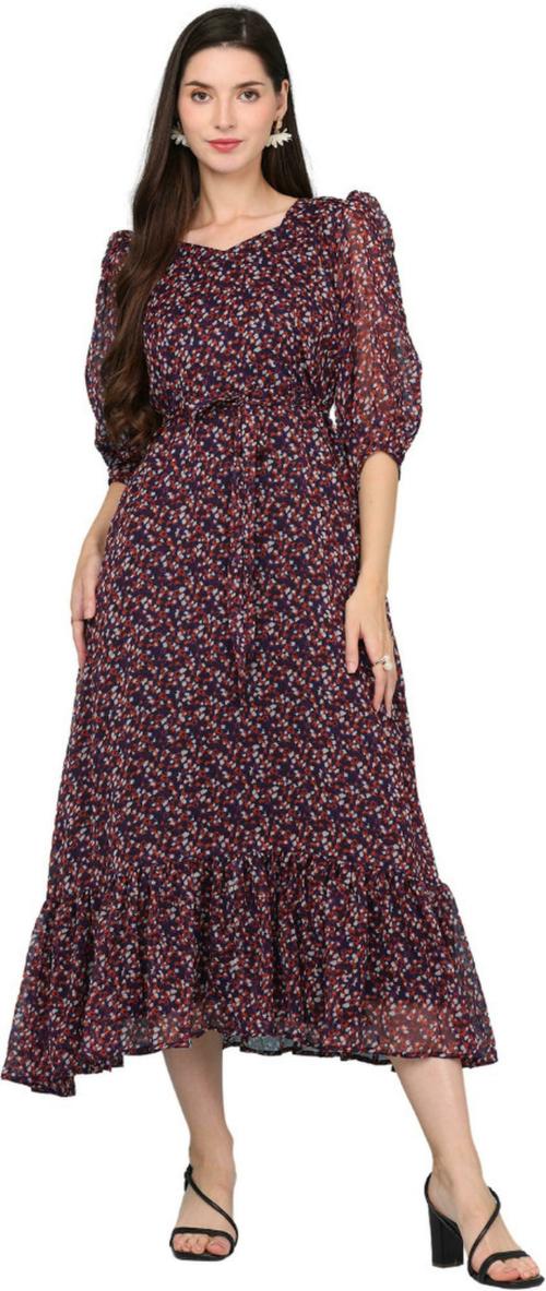 HSM HIGH Impero Women Maroon Embroidered Georgette Calf/Three Fourth Length Flared/A-Line Gown