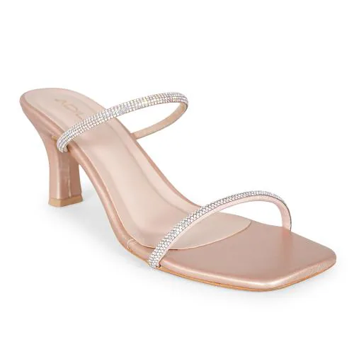 Adila women's Rose Gold Slipon Back Open Upper silver Stone Strap With Square Toe Comfort Heel's