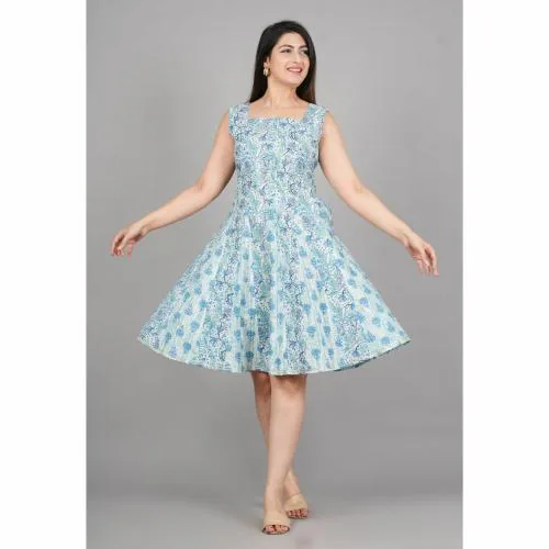 PE FASHION Women's Sleeveless Flared Dress with Blue Floral Print Summer Casual Fit and Flare Design for Everyday Wear | Lite Blue | Size-XL