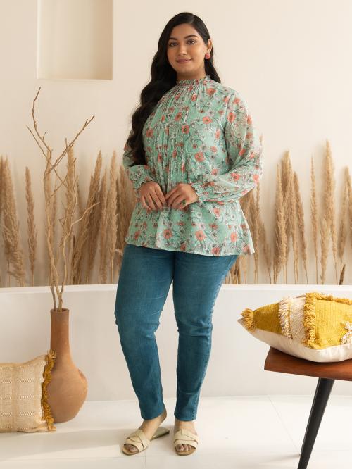 Janasya Women's Plus Size Sage Dobby Georgette Floral Regular Top