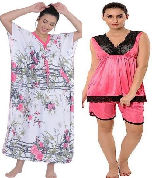 BEAUTY CRAZE Women's Satin Floral Print Maxy Nighty And Satin Night Suit Combo (Pack Of 2)