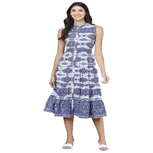 MASAKKALI WOMENS CASUAL FIT AND FLARED MUTIL TIRED GEOMETRIC PRINTED SLEEVELESS CASUAL MIDIDRESS WITH SWIRLING (GEOMETRIC BLUE)
