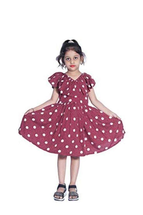 Wish Littlle Girls Maroon Polyester Polka Dots Knee Length Short Frock Dress - 2 Y