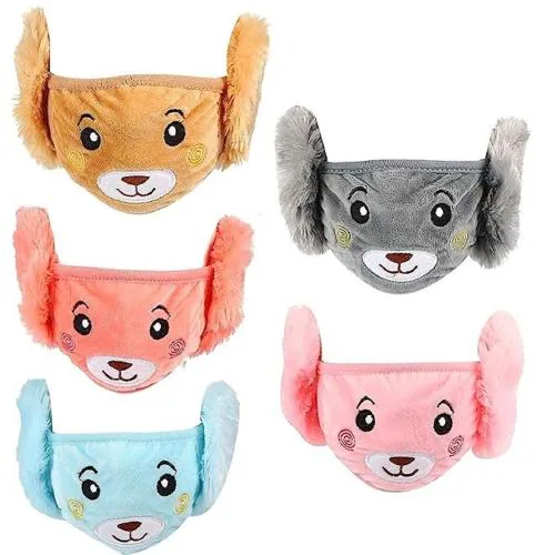 Eastern Club Cute Designer Multicolor Teddy Face Mask for Kids with Warm Earmuff for Winter