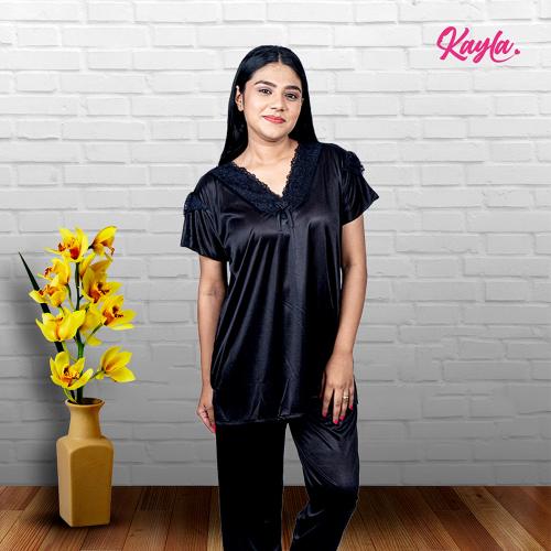 Kayla Silk Pajama Sets Stylish Top and Pant Comfortable Sleepwear Night Dresses Breathable Fabric with Pockets V neck [Black, Free Size]