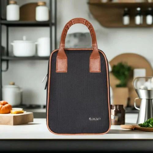 LOREM Black Linen Textured Insulated Tiffin bag/Lunch Bag For Men & Women TB05