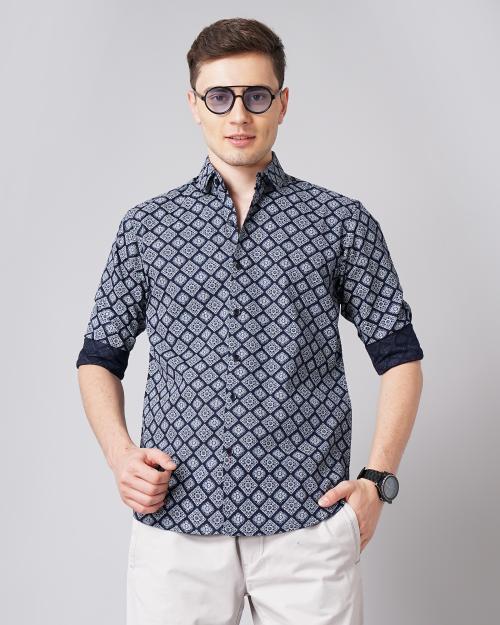 Paul Street Navy Floral Motif Print Shirt