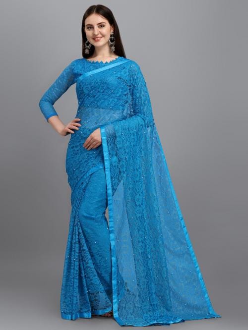 LOROFY Women Royal Blue Net Saree