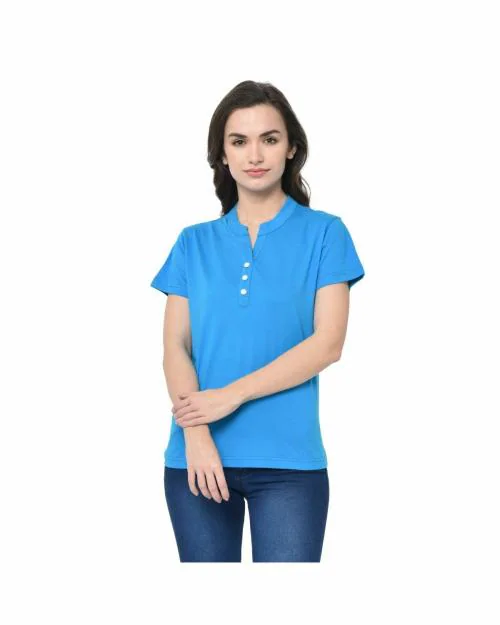 GLITO Blue Solid Half Sleeves Henley Neck With Button T-shirt For Women's