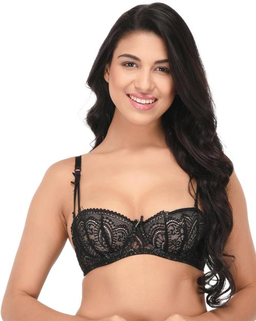 Quttos Black Embroidered Lace Balconette Bra Women (QT-BR-555)
