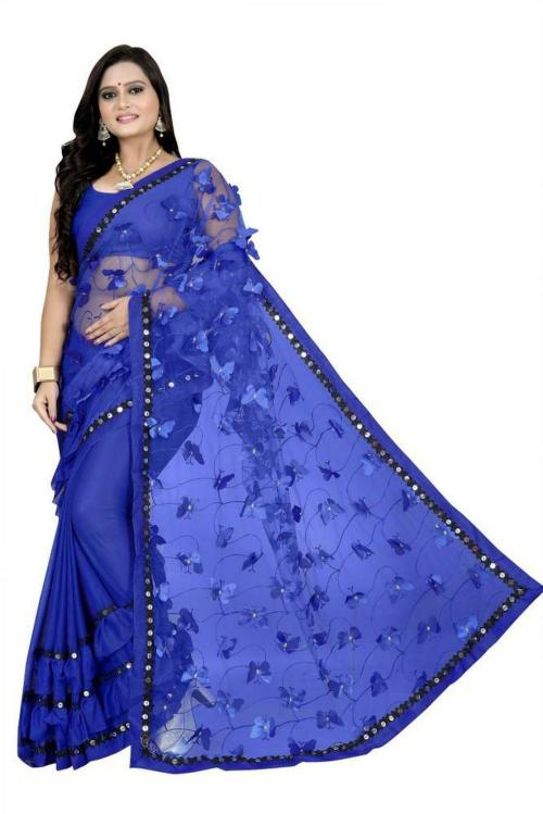 VANRAJ CREATION Women Blue Self Design Net Saree