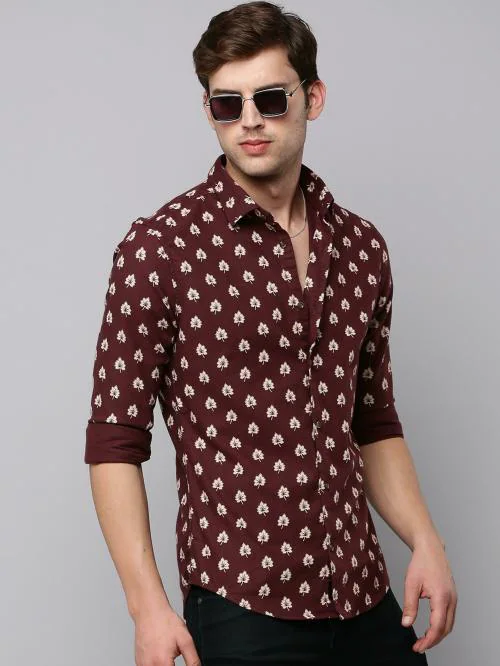 SHOW OFF Men's Coffee Brown Printed Cotton Shirts