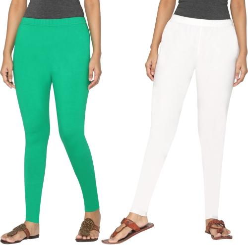 TSG Bliss Women Green and White Solid Cotton Blend Ankle Length Legging - Free Size (Pack of 2)