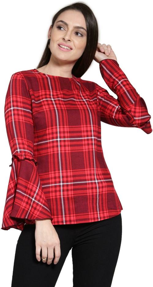 Pluss Women Red Checkered Cotton Blend Casual Bell Sleeve Top