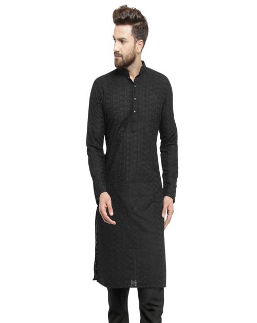 Embroidered Cotton Chikankari Black Kurta Size Large
