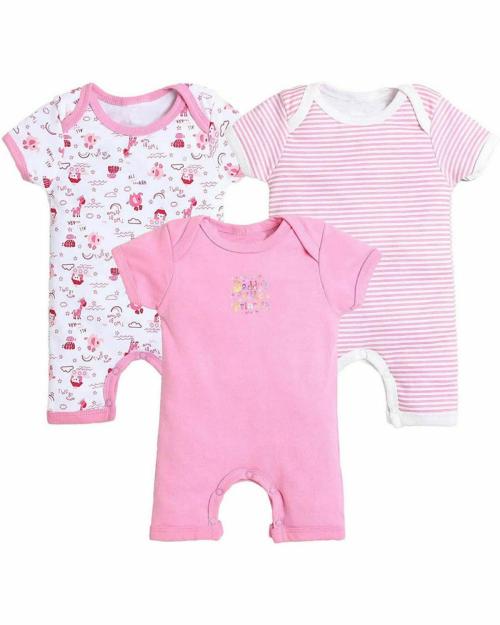 MM IMPEX Baby Boys and Girls Baby Pink Printed Cotton Blend Pack of 3 Romper 9-12 MONTHS| Rompers |Sleepsuits | Jumpsuit |Body suits