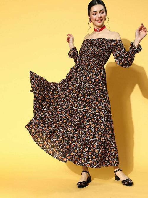 Yufta Black & Mustard Yellow Ethnic Motifs Off-Shoulder Maxi Dress