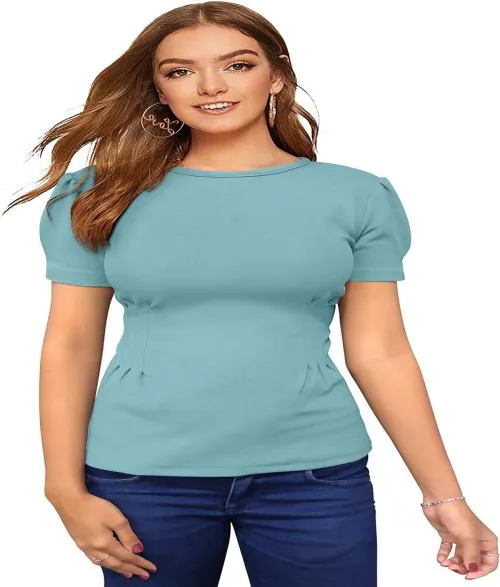 PLERIZA Casual Solid Women Light Blue Top