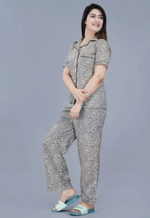 Mintmarie Women's Printed Rayon Brown Nightsuit Shirt & Pyjama Set-S