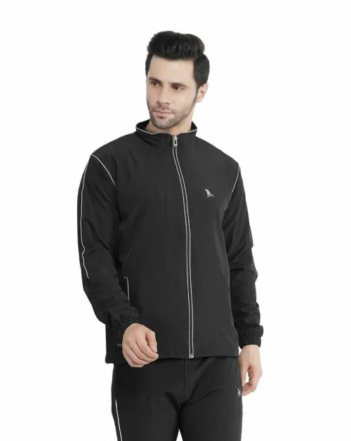 Navyfit Men Black Solid Polyester Jacket With Full Sleeve and Zipper Pockets (M)