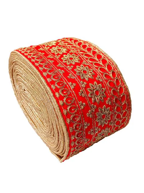 FRIJVEN Golden Flower Design Red Lace with Golden Piping Ribbon Embroidery Heavy Work Lace Border Falls for Saree, Kurti, Dresses, Bandhani, Lehenga (Width : 7.5 cm)