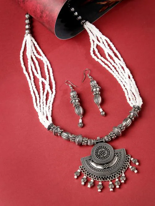 Sukkhi Ethnic Oxidised Silver Plated Stylish Beads Long Necklace Set And Earring | Jewellery Set For Women (NS105589)