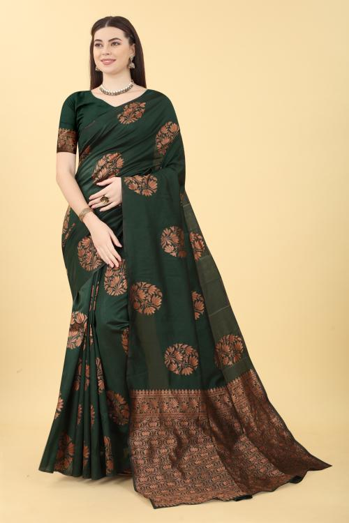 NENCY FASHION Women Green Woven Pure Silk Banarasi Sari with Semi-Stitched Blouse Piece (BANARASI SAREE)