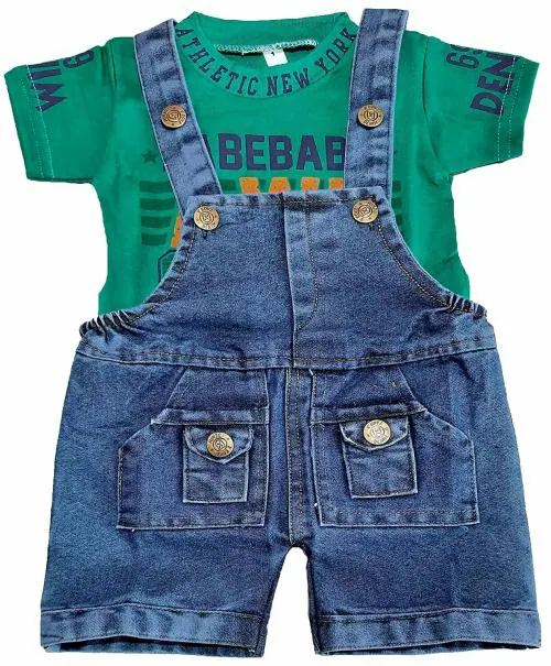 Zuvim Baby Boys & Baby Girls denim Dungaree & T-Shirt Clothing Set ( Green, 6-12 months)