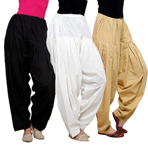 Cotoncroton Creations Combo Pack of Black, White & Beige Semi Patiala Salwar