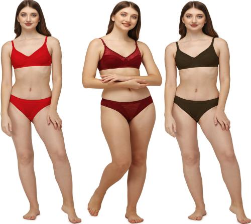 Dhandai Fashion Women's Lingerie Set Babydoll Swimwear Hot Nighty Wedding Night Bra Panty Set Combo 3 Sets DAZ-VintageSet(CB_1-3)Red-Mrn-Blk-30