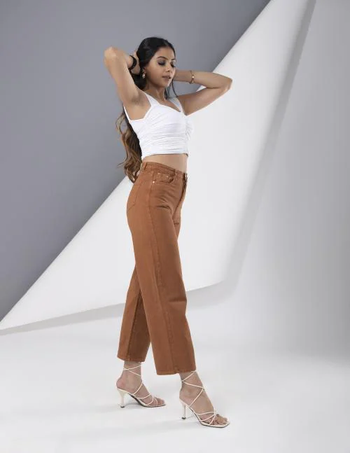 FORGIVE Women's/Girls Burnt Umber Straight Jeans| Wide Leg Fit | Cotton Blend Fabric | Perfect for Casual Wear