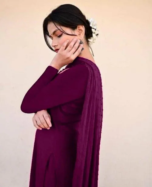 Georgette plain Dress Pant Dupatta Set_PURPLE_L