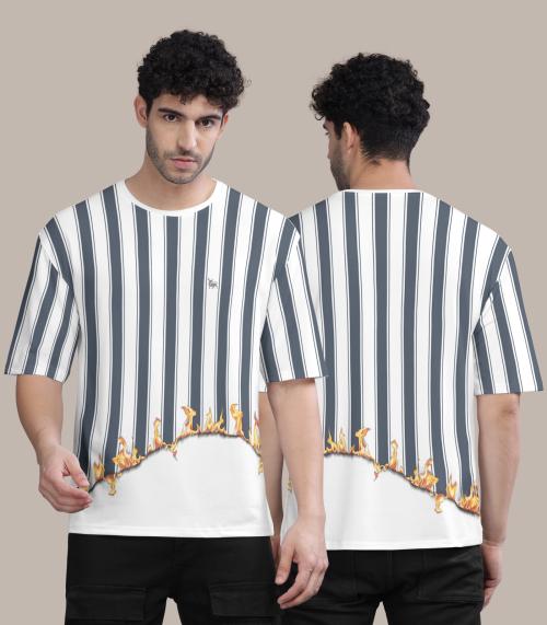 BULLMER Oversized White Melange Front and Back Printed / Striped Baggy / Oversized Tshirt for Men