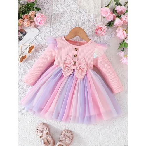 FABYARN Broadbill Full Sleeve Modal and Multicolor Net Baby Girl Frock Stripe Pattern Dress for Kids Summer frock Baby-shower-gift A Line Dress Party Outfit Girls-Dress Casual-Baby-Dress Toddler-Frock 1 Pcs (Pink) 2-3 year