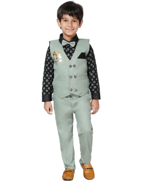 Dkgf Fashion Boys Black Solid Cotton Blend Casual Waistcoat Trouser, Shirt And Bow Tie