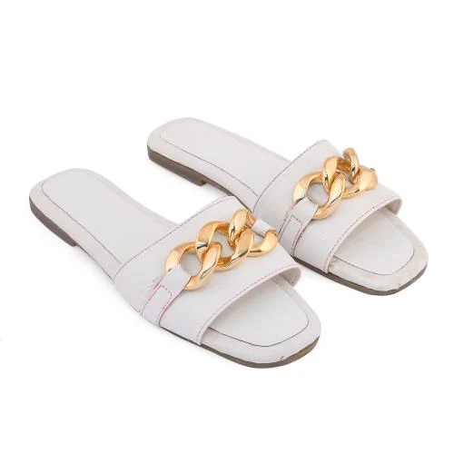 White Flip Flop with Golden Accessories with Non Slippery TPR Sole