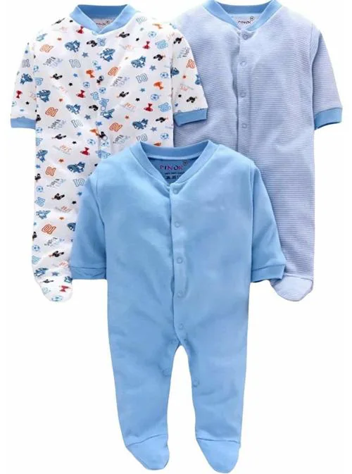 MM IMPEX Baby Boys and Girls Blue Striped, Printed, Solid Cotton Blend Pack of 3 Romper 12-18 MONTHS| Rompers |Sleepsuits | Jumpsuit |Body suits