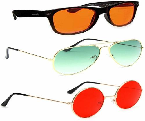 Elligator UV Gradient with UV Protection Aviator, Wayfarer And Round Full Frame Orange, Green And Red Sunglasses For Men And Women (Pack Of 3)