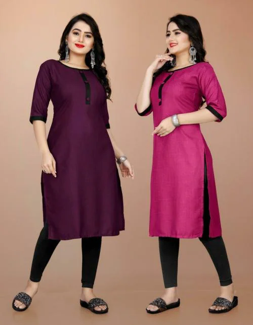 MIJAASHREE FASHION Women Dark Purple and Black Solid Cotton Blend Pack of 2 A-line Kurta| XXL